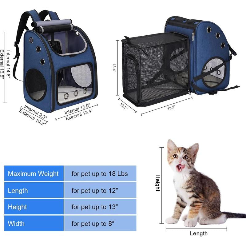 Expandable Pet Carrier Backpack for Cats, Dogs and Small Animals, Portable Pet Travel Carrier, Super Ventilated Design, Airline Approved, Ideal for Traveling/Hiking/Camping, Blue