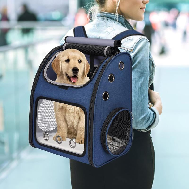 Expandable Pet Carrier Backpack for Cats, Dogs and Small Animals, Portable Pet Travel Carrier, Super Ventilated Design, Airline Approved, Ideal for Traveling/Hiking/Camping, Blue