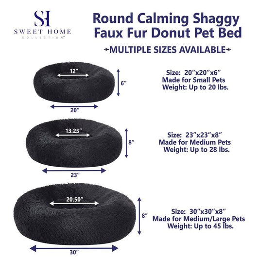Faux Fur Shaggy round Donut Pet Bed for Dogs & Cats, 100% Polyester Fiber, Machine Washable, Non-Slip Dot Fabric